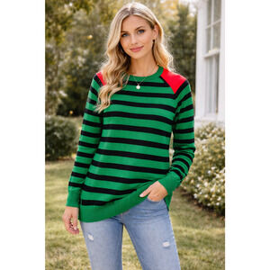 OXKNIT Green Red Retro 60s 70s Stripe Knit Sweater Cotton Knit Women Large L